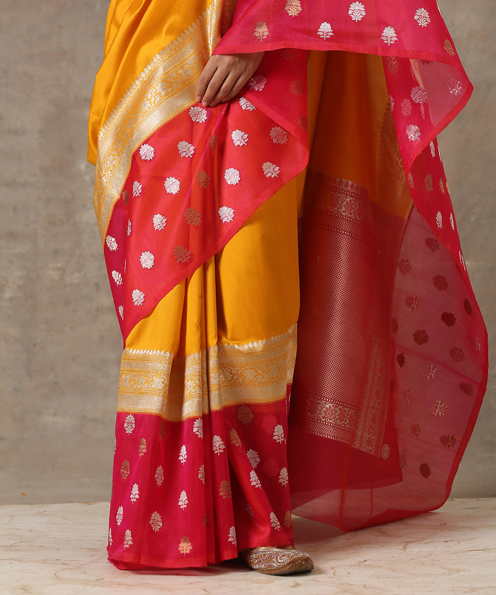 Handloom_Yellow_Spun_Silk_Banarasi_Saree_With_Kadhwa_Booti_Border_In_Pink_WeaverStory_04