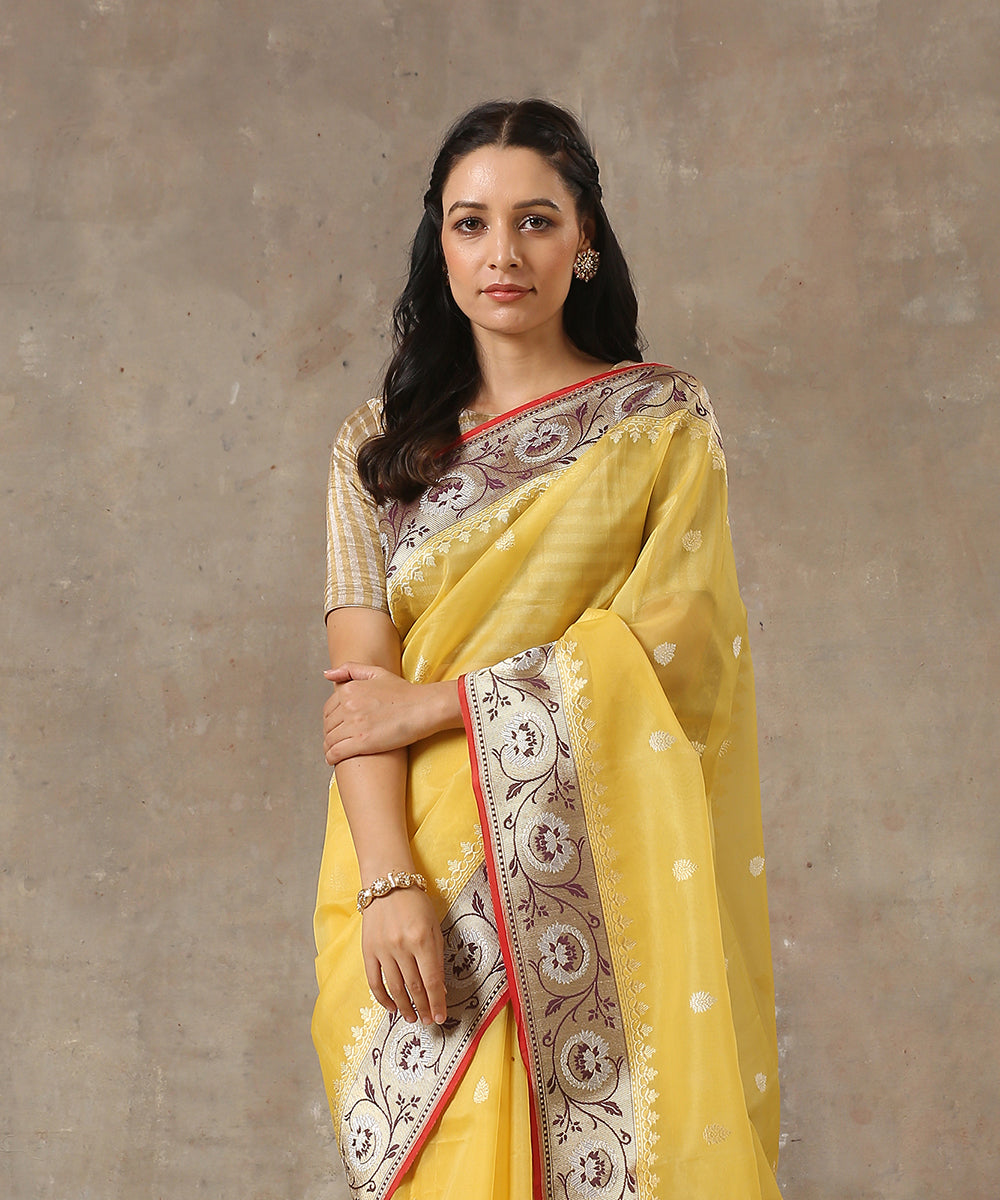 Handloom_Yellow_Kora_Silk_Banarasi_Saree_With_Wine_Border_WeaverStory_01