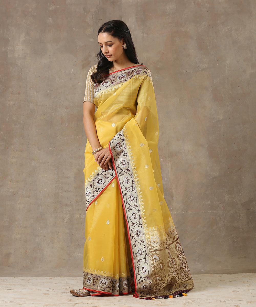 Handloom_Yellow_Kora_Silk_Banarasi_Saree_With_Wine_Border_WeaverStory_02