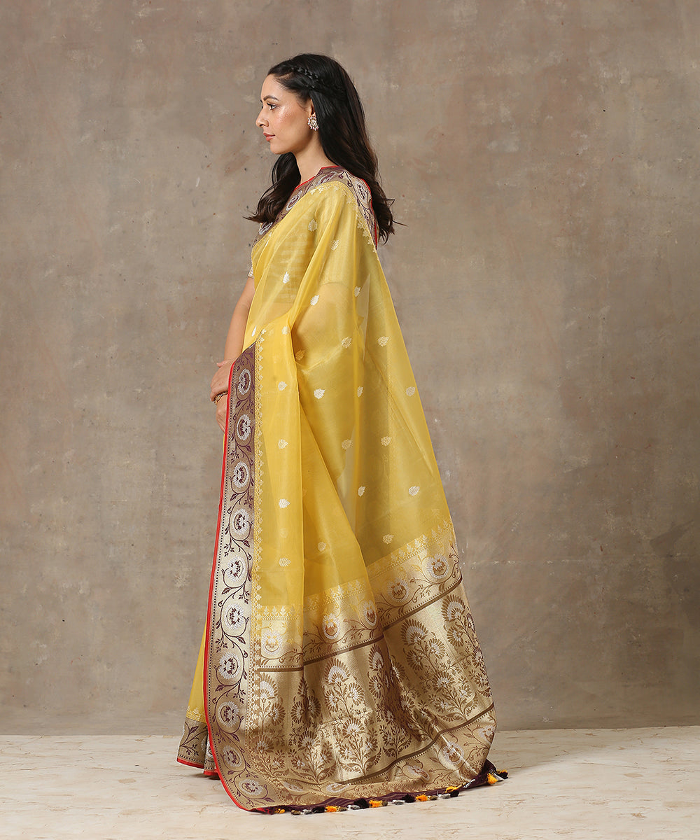 Handloom_Yellow_Kora_Silk_Banarasi_Saree_With_Wine_Border_WeaverStory_03