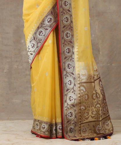 Handloom_Yellow_Kora_Silk_Banarasi_Saree_With_Wine_Border_WeaverStory_04