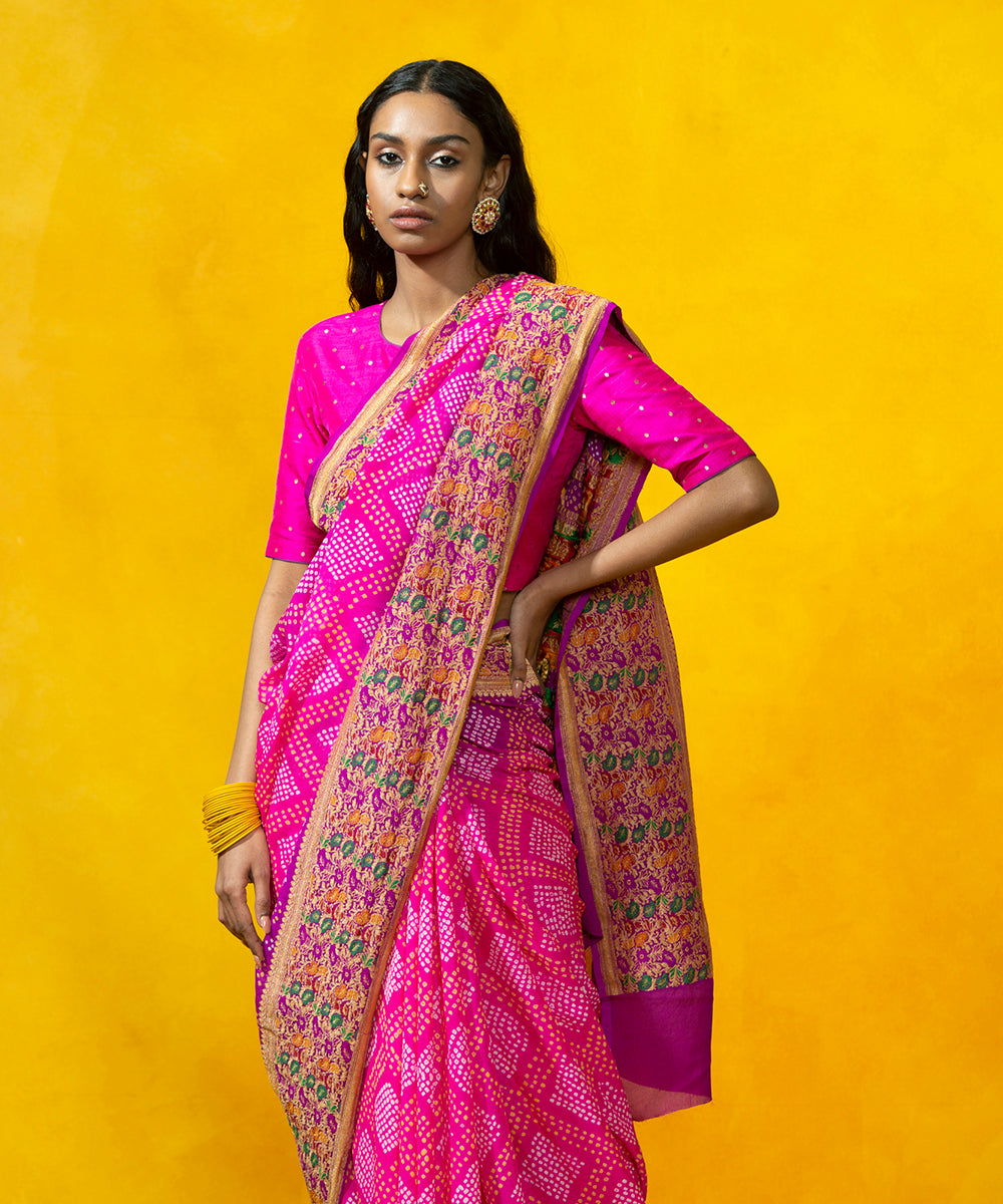 Pink_Handloom_Georgette_Banarasi_Bandhej_Saree_with_Meenakari_Border_WeaverStory_01