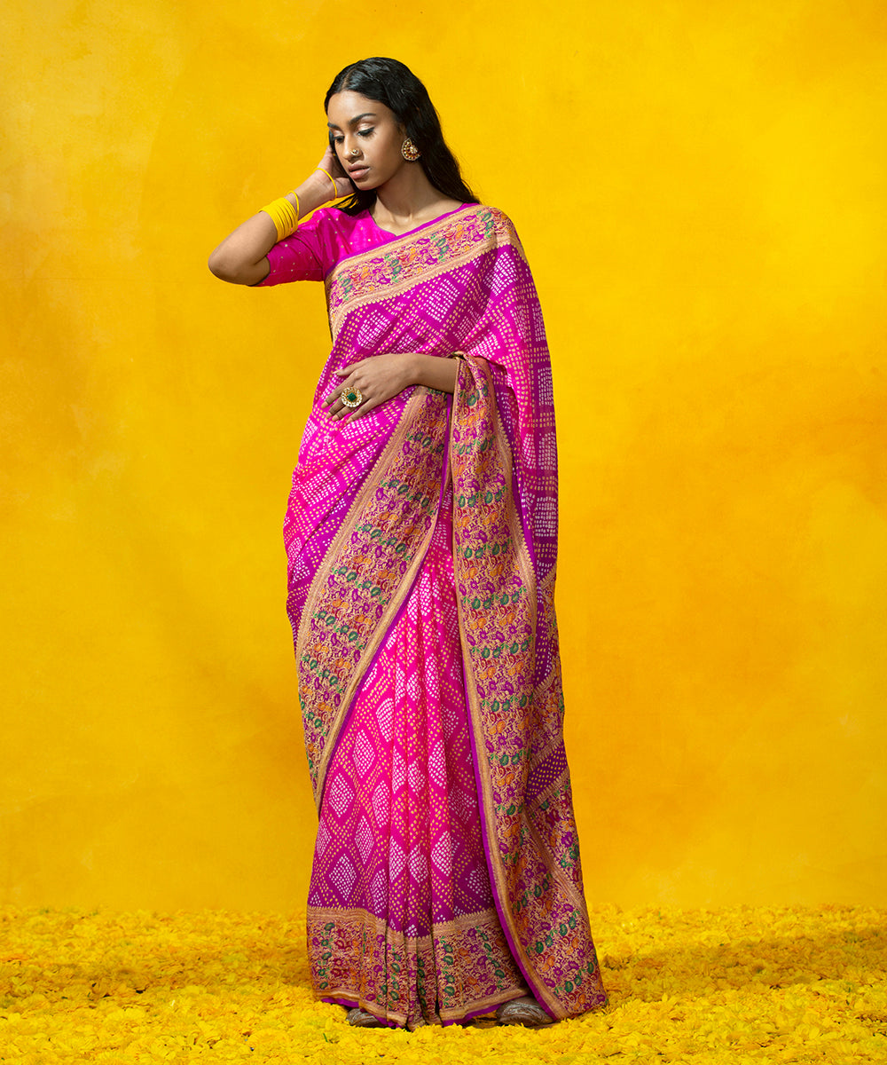 Pink_Handloom_Georgette_Banarasi_Bandhej_Saree_with_Meenakari_Border_WeaverStory_02