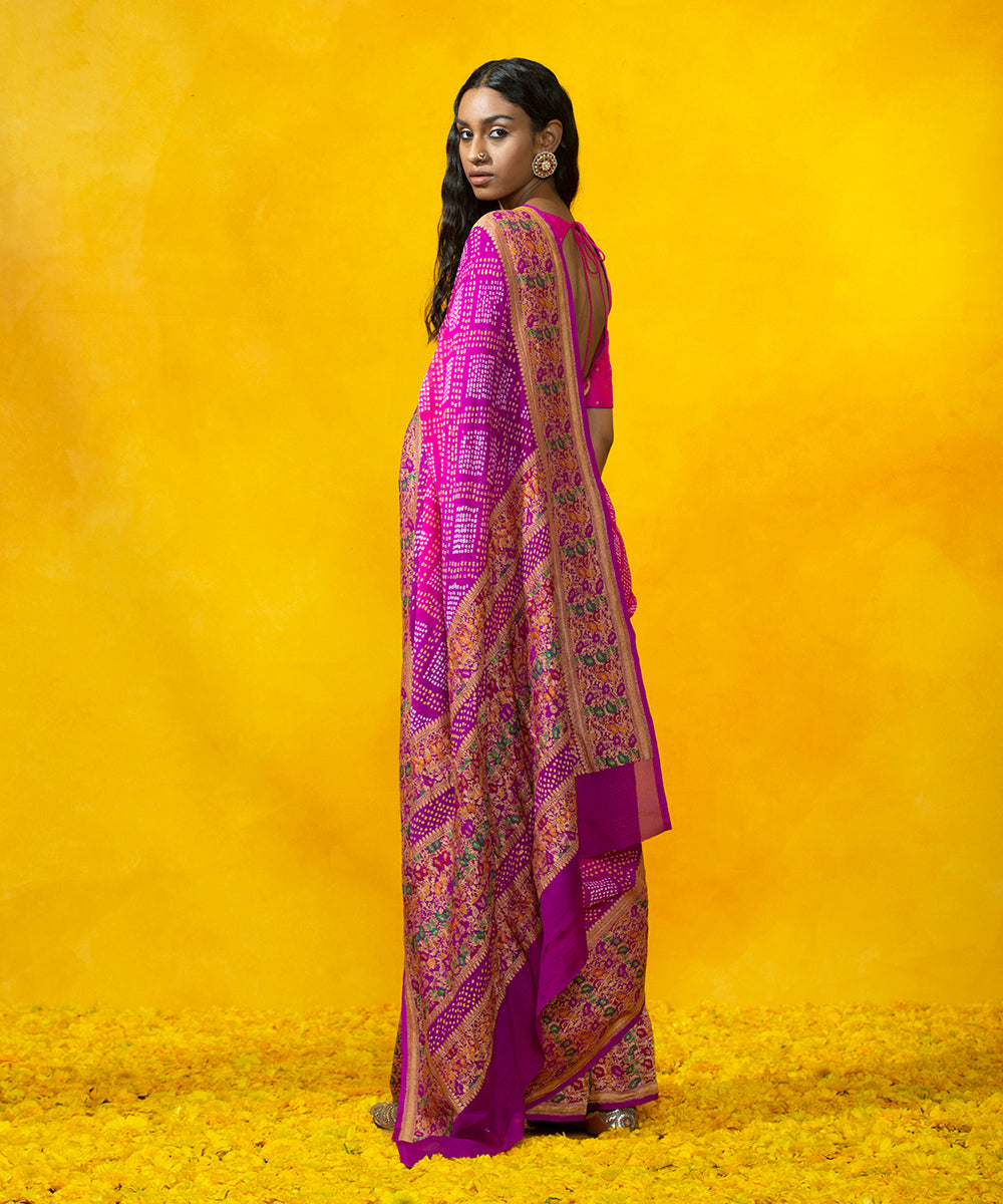 Pink_Handloom_Georgette_Banarasi_Bandhej_Saree_with_Meenakari_Border_WeaverStory_03