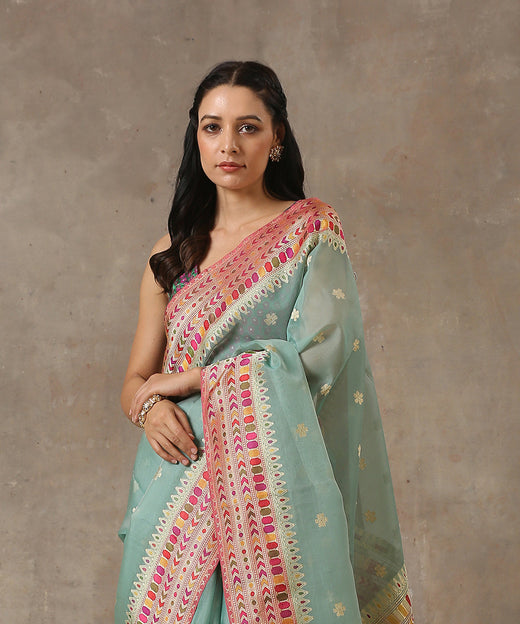 Aqua Blue Handloom Kora Silk Banarasi Saree With Meenakari Kadhwa Border