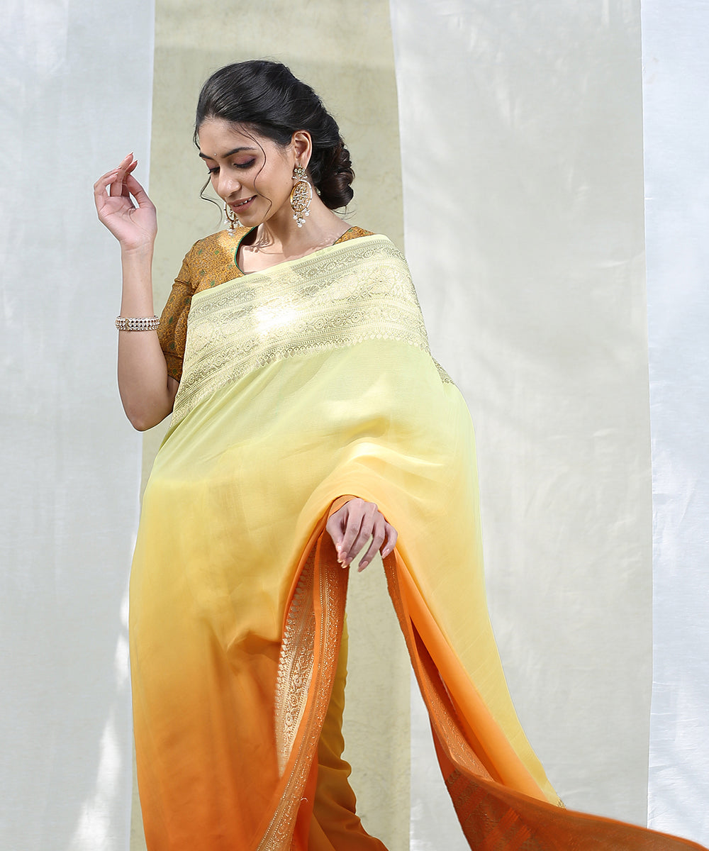 Handloom_Yellow_and_orange_Georgette_Banarasi_Saree_With_Border_with_Kadhwa_Border_WeaverStory_01