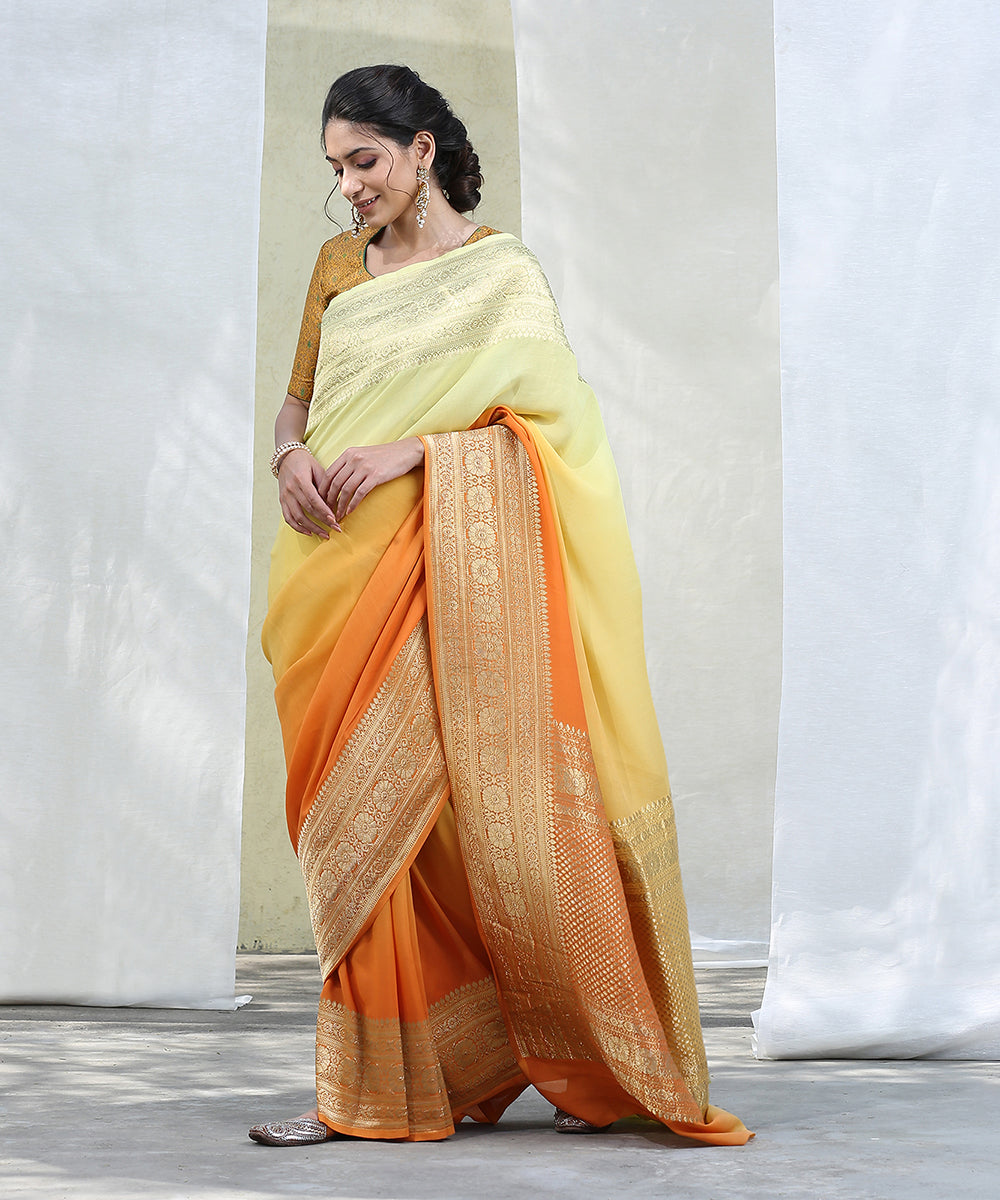 Handloom_Yellow_and_orange_Georgette_Banarasi_Saree_With_Border_with_Kadhwa_Border_WeaverStory_02