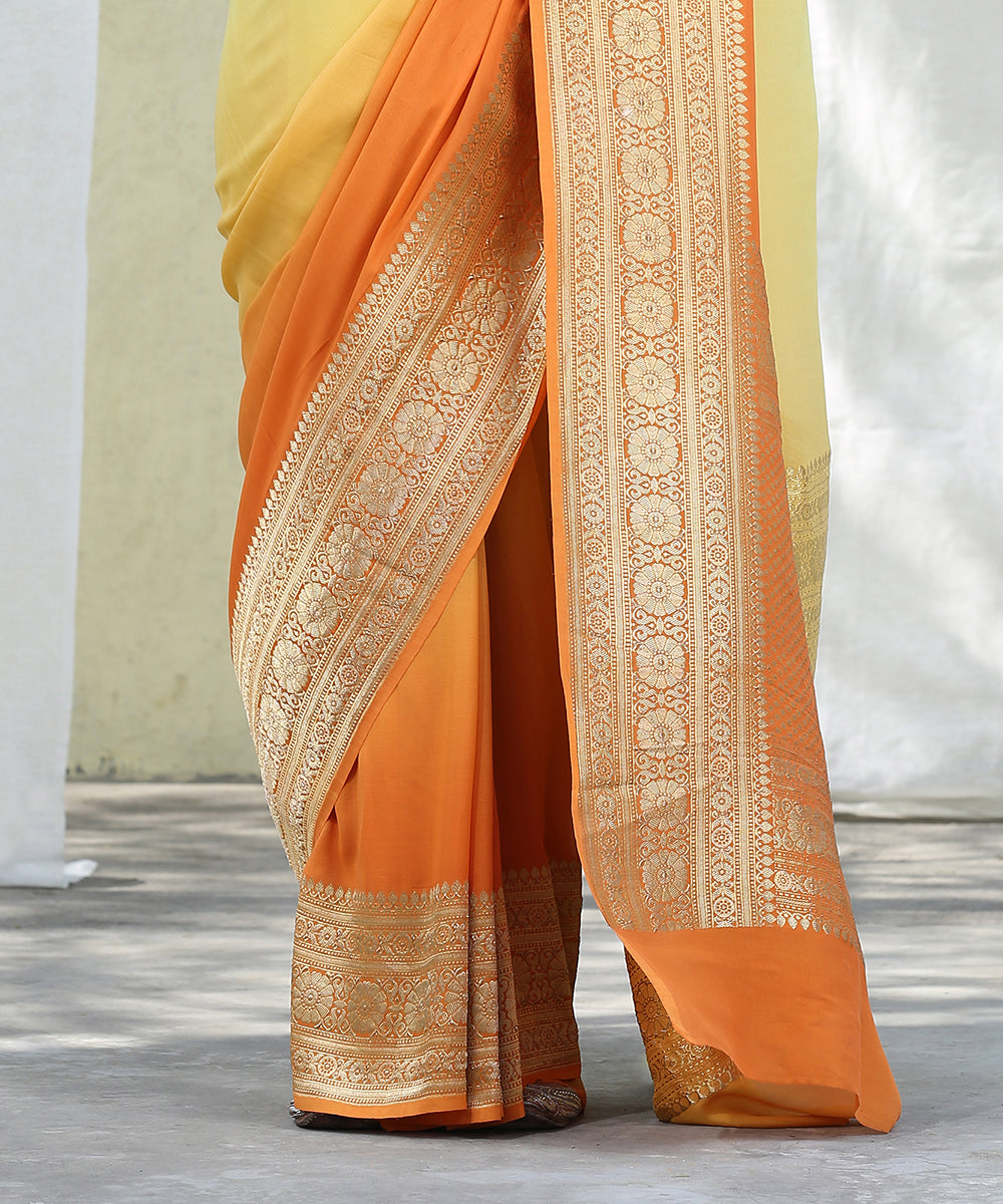 Handloom_Yellow_and_orange_Georgette_Banarasi_Saree_With_Border_with_Kadhwa_Border_WeaverStory_04