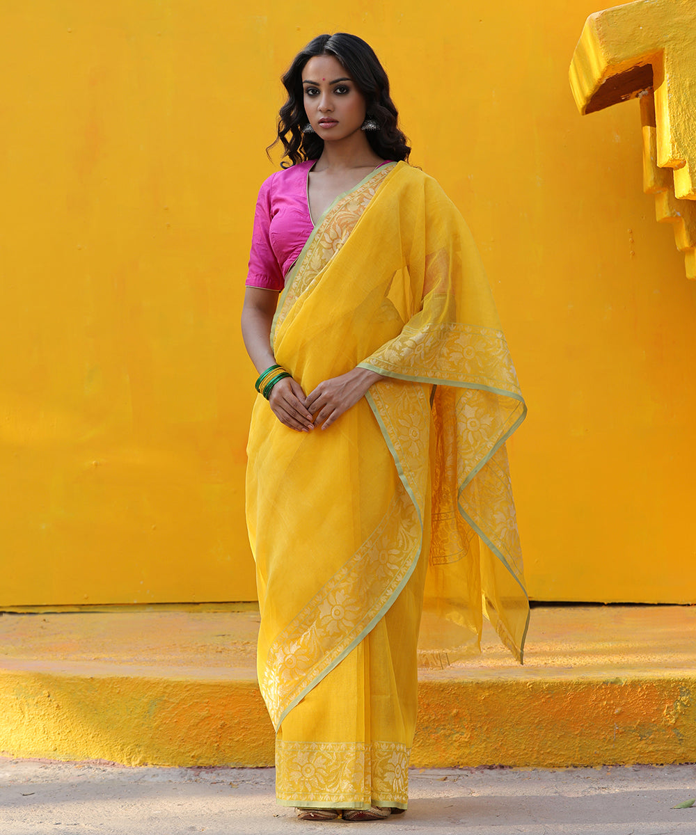 Yellow_Handloom_Jamdani_Cotton_Banarasi_Saree_With_Real_Zari_And_Konia_WeaverStory_02