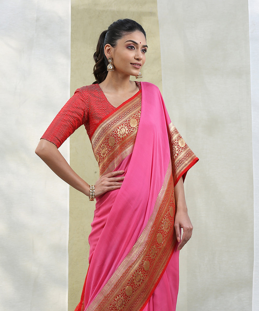 Handloom_Red_and_Pink_Georgette_Banarasi_Saree_With_Kadhwa_Border_WeaverStory_01