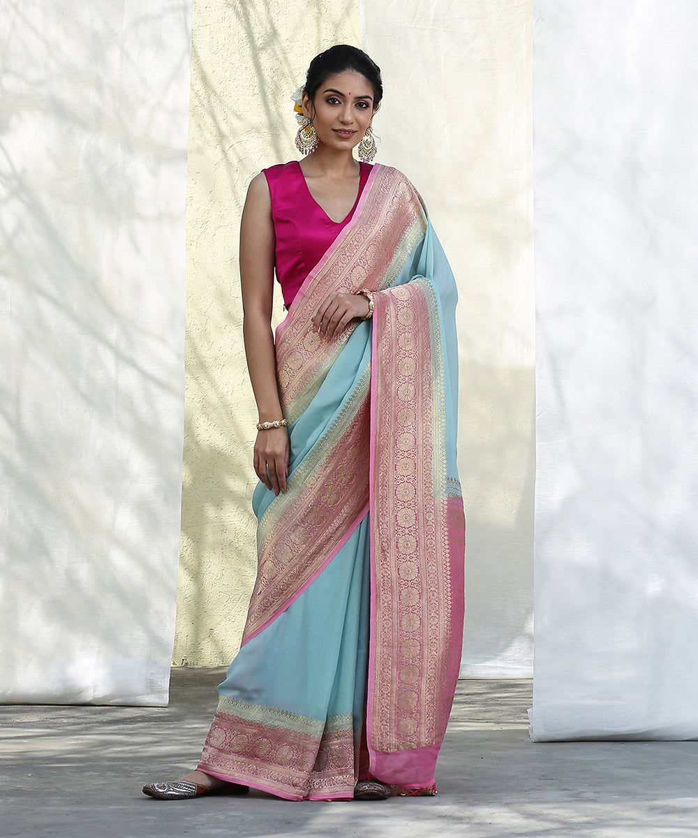 Handloom_Pink_and_Ice_Blue_Georgette_Banarasi_Saree_With_Kadhwa_Border_WeaverStory_02