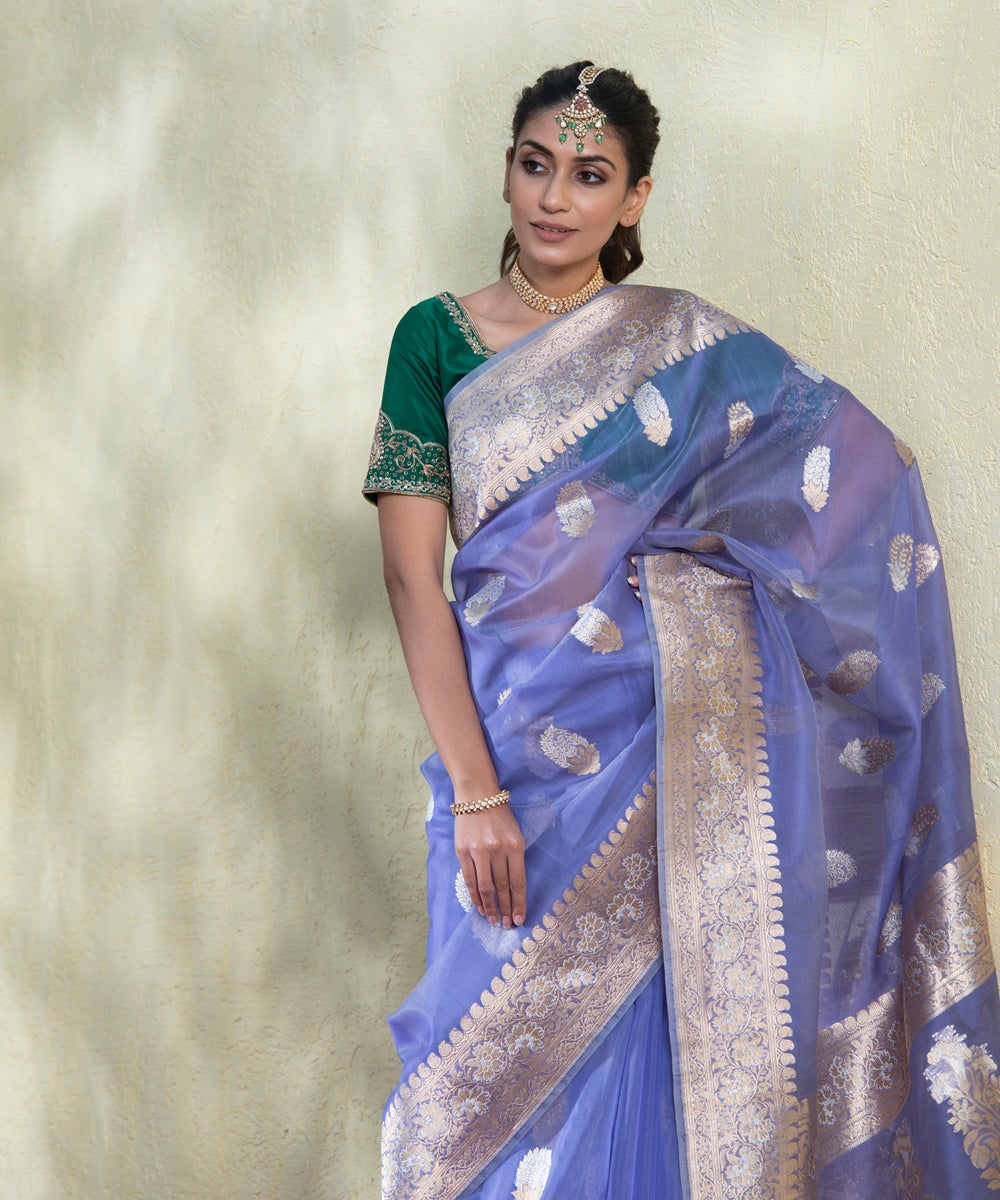 Blue_Handloom_Organza_Banarasi_Saree_with_Kadhwa_Leaf_Booti_WeaverStory_01
