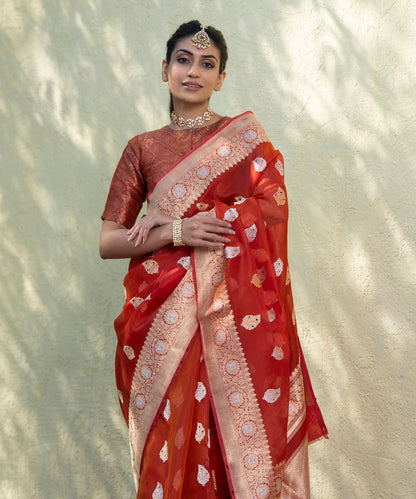 Brick_Red_Handloom_Organza_Banarasi_Saree_with_Kadhwa_Meenakari_Booti_WeaverStory_01