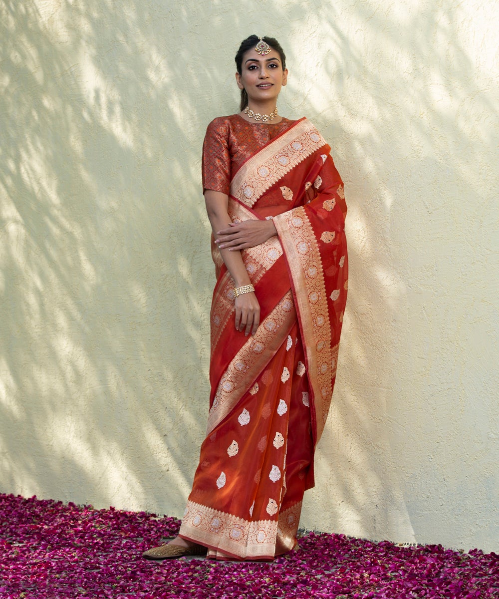 Brick_Red_Handloom_Organza_Banarasi_Saree_with_Kadhwa_Meenakari_Booti_WeaverStory_02