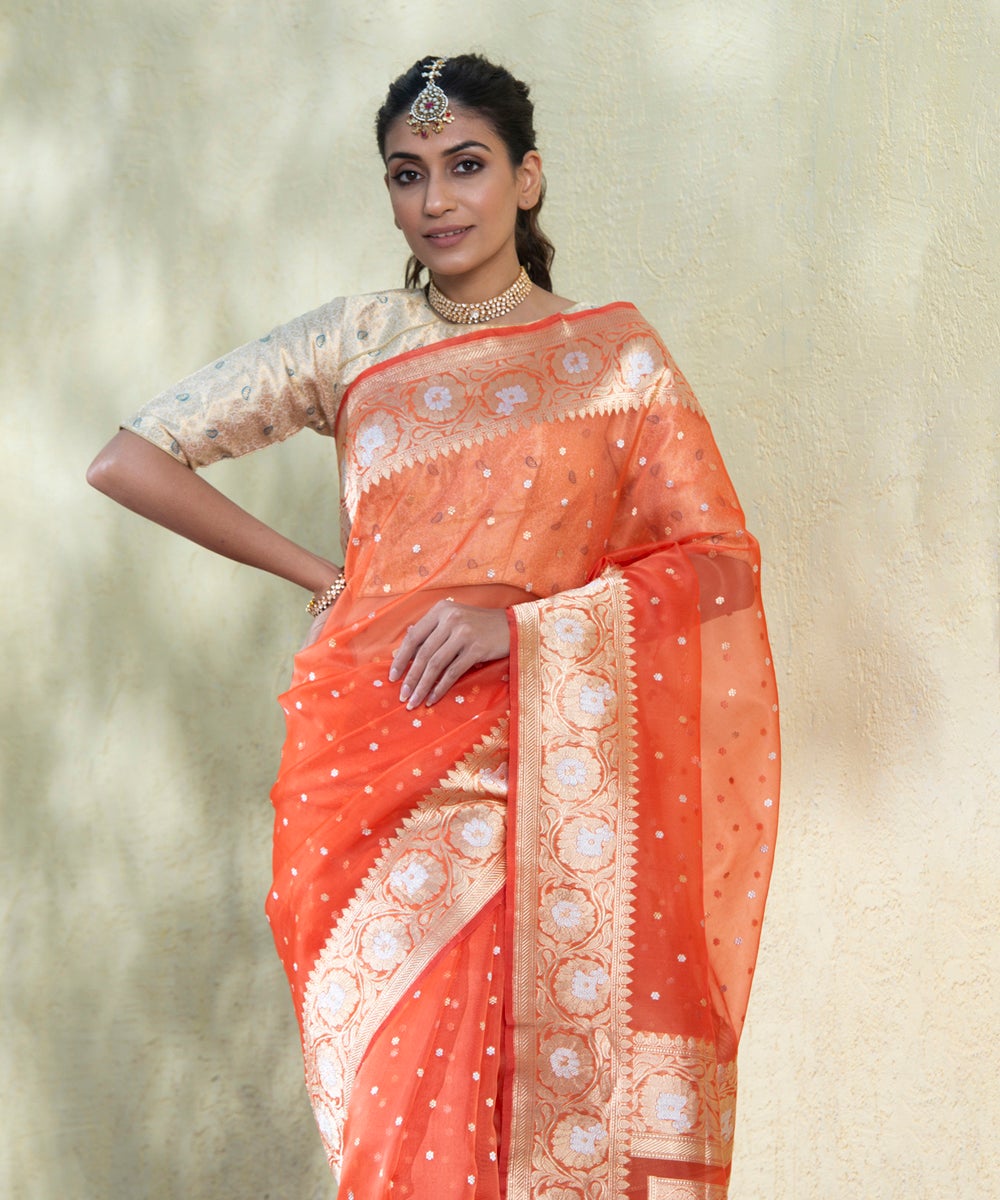 Handloom_Peach_Kadhwa_Organza_Banarasi_Saree_with_Booti_WeaverStory_01