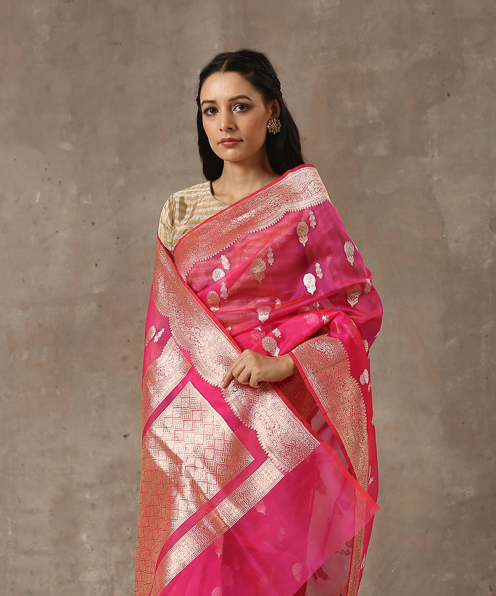 Pink_Handloom_Organza_Banarasi_Saree_with_Kadhwa_Booti_WeaverStory_01