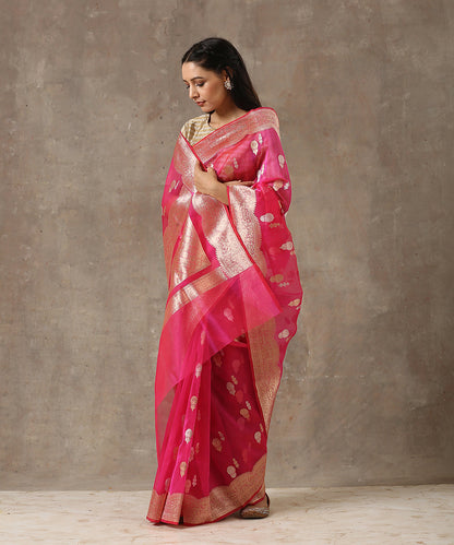 Pink_Handloom_Organza_Banarasi_Saree_with_Kadhwa_Booti_WeaverStory_02