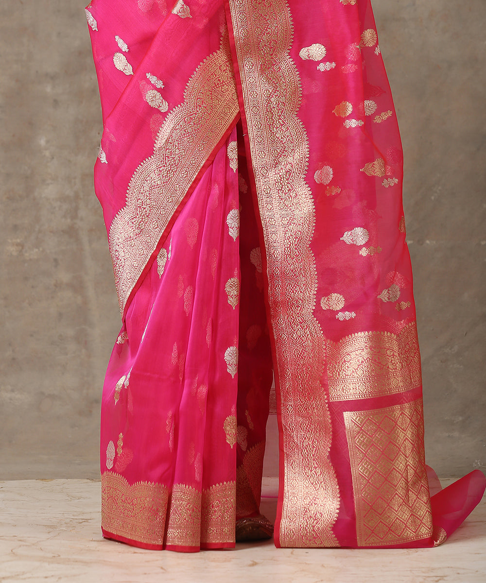 Pink_Handloom_Organza_Banarasi_Saree_with_Kadhwa_Booti_WeaverStory_04