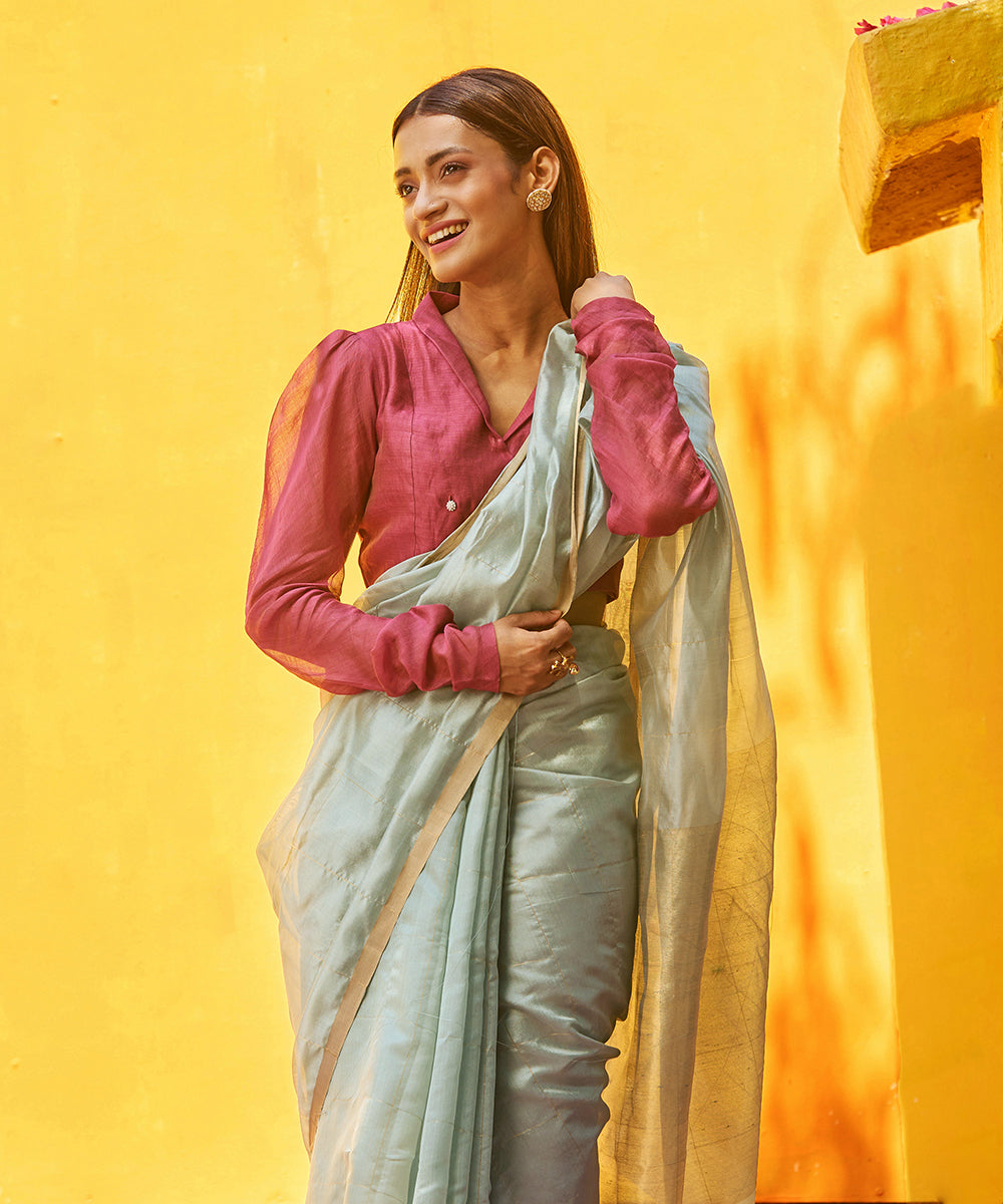 Blue_Handloom_Pure_Silk_Chanderi_Saree_With_Checks_WeaverStory_01