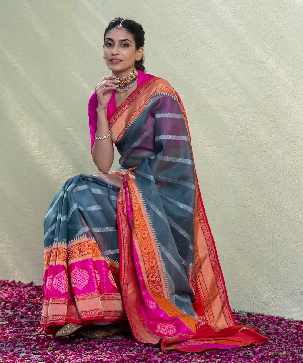 Handloom_Grey_Kora_Silk_Cutwork_Banarasi_Saree_With_Pink_Border_WeaverStory_01