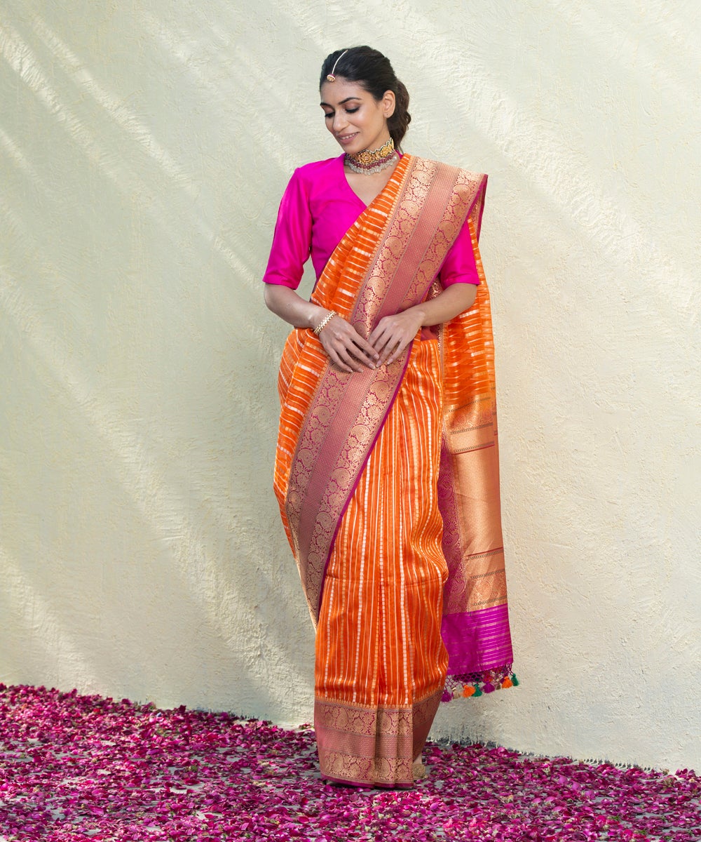 Orange_Handloom_Kora_Silk_Banarasi_Saree_With_Purple_Kadhiyal_Border_WeaverStory_02