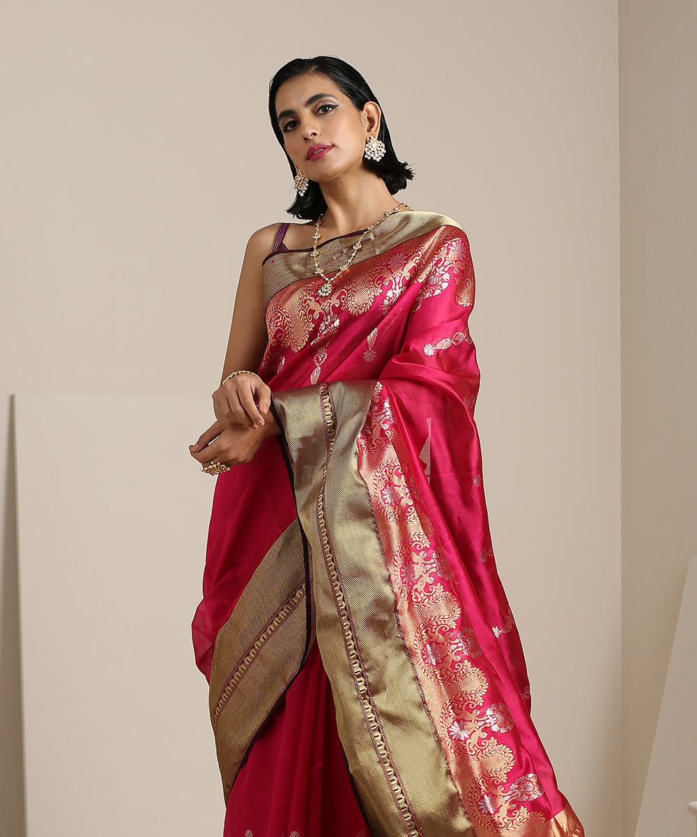 Handloom_Pink_Chanderi_Silk_Saree_With_Antique_Zari_Border_WeaverStory_01