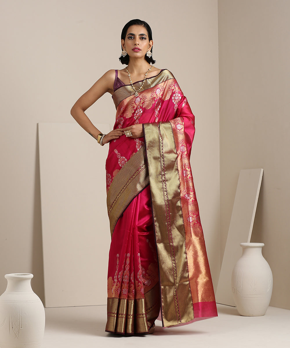 Handloom_Pink_Chanderi_Silk_Saree_With_Antique_Zari_Border_WeaverStory_02