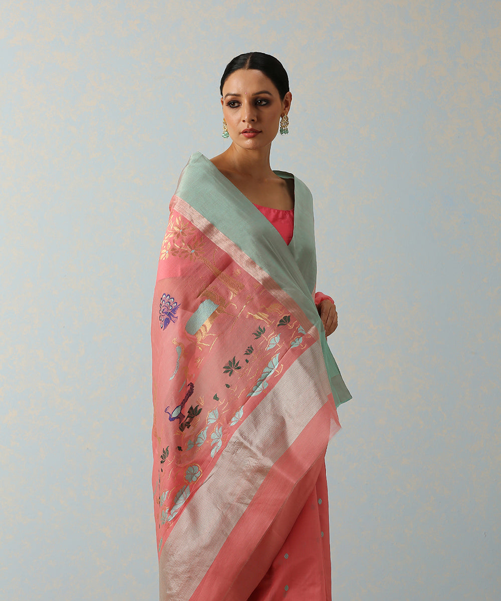 Pink_Handloom_Vrindavan_Cotton_Chanderi_Saree_With_Blue_Booti_WeaverStory_01