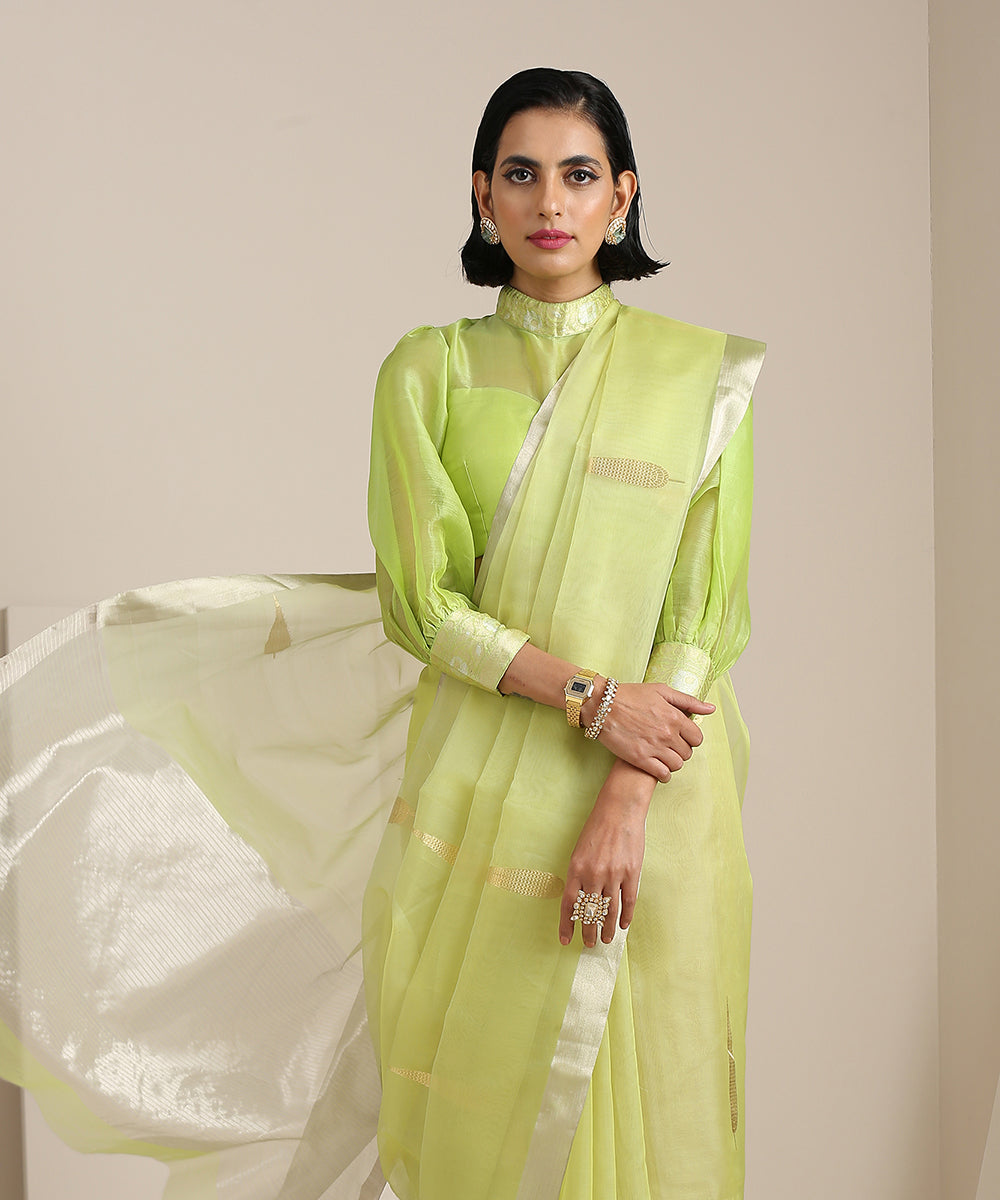 Handloom_Green_Organza_Chanderi_Saree_With_Eknaliya_Leaf_Booti_WeaverStory_01