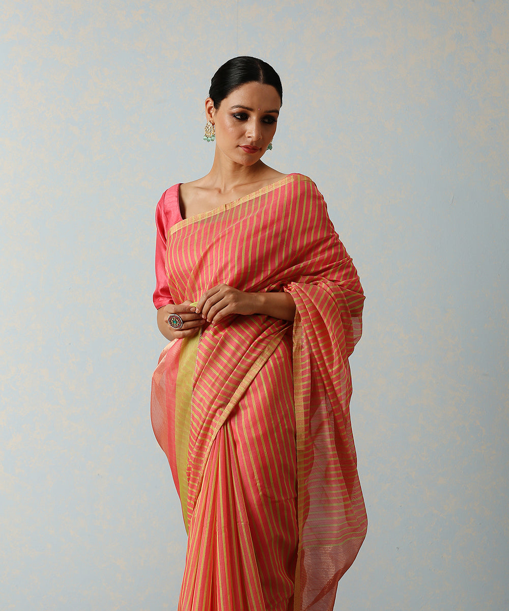 Neon_Pink_Handloom_Chanderi_Cotton_Silk_Striped_Saree_WeaverStory_01