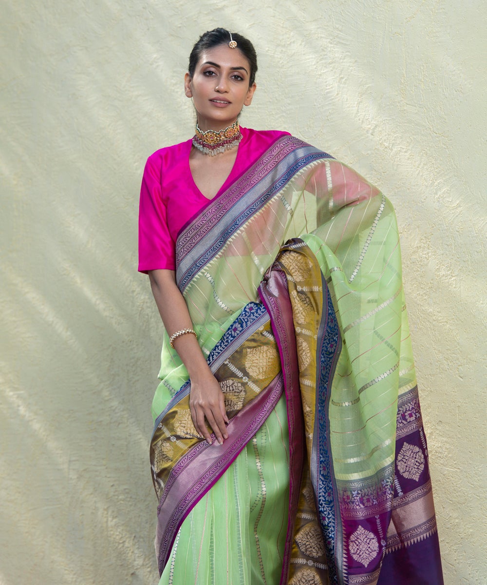 Neon_Green_Handloom_Kadhwa_Kora_Silk_Banarasi_Saree_With_Olive_And_Purple_Border_WeaverStory_01