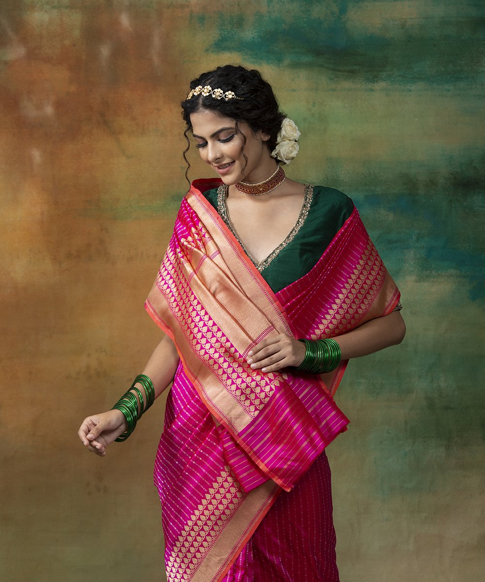 Pink_Handloom_Pure_Katan_Silk_Banarasi_Saree_With_Zari_Stripes_WeaverStory_01