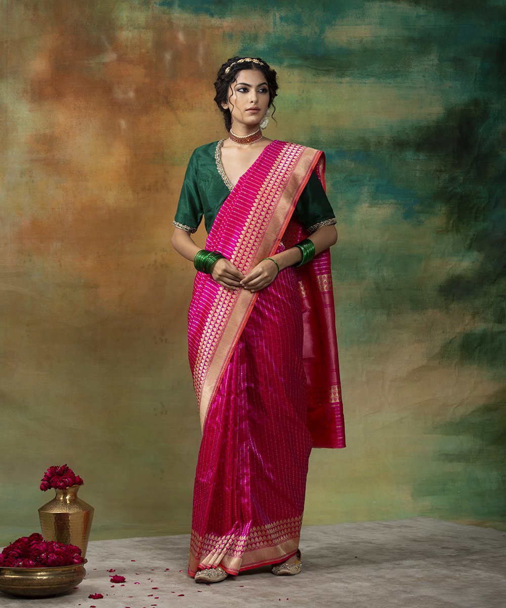 Pink_Handloom_Pure_Katan_Silk_Banarasi_Saree_With_Zari_Stripes_WeaverStory_02