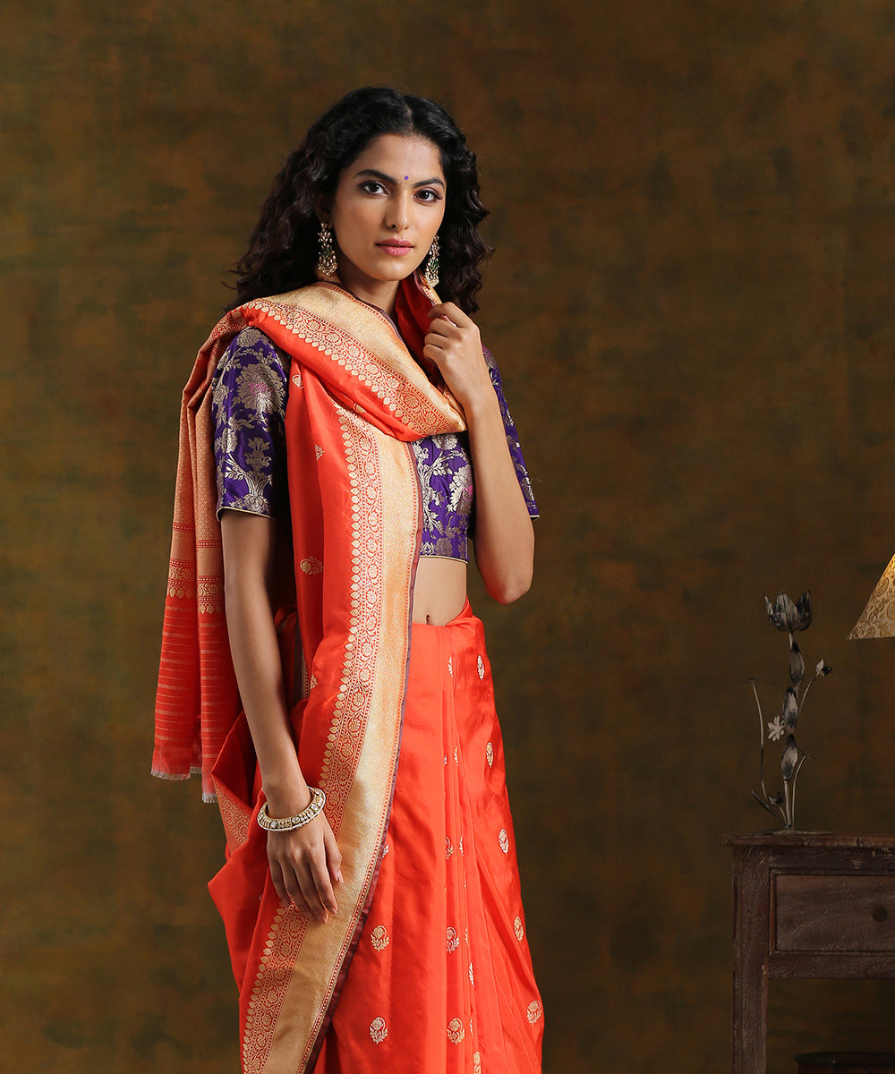 Handloom_Orange_Pure_Katan_Silk_Banarasi_Saree_with_Kadhwa_Booti_WeaverStory_01