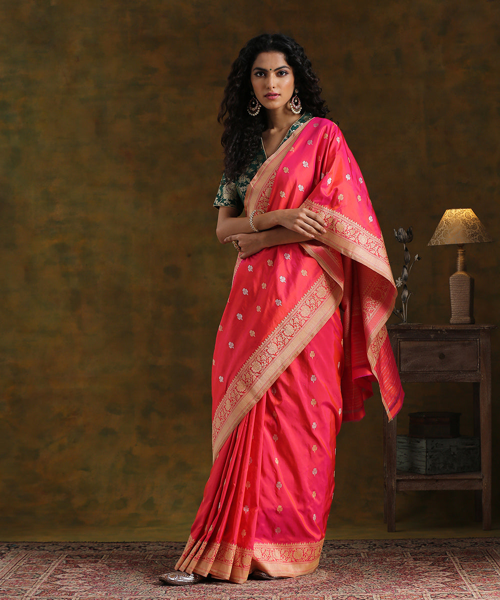 Handloom_Pink_Pure_Katan_Silk_Banarasi_Saree_with_Kadhwa_Booti_WeaverStory_02