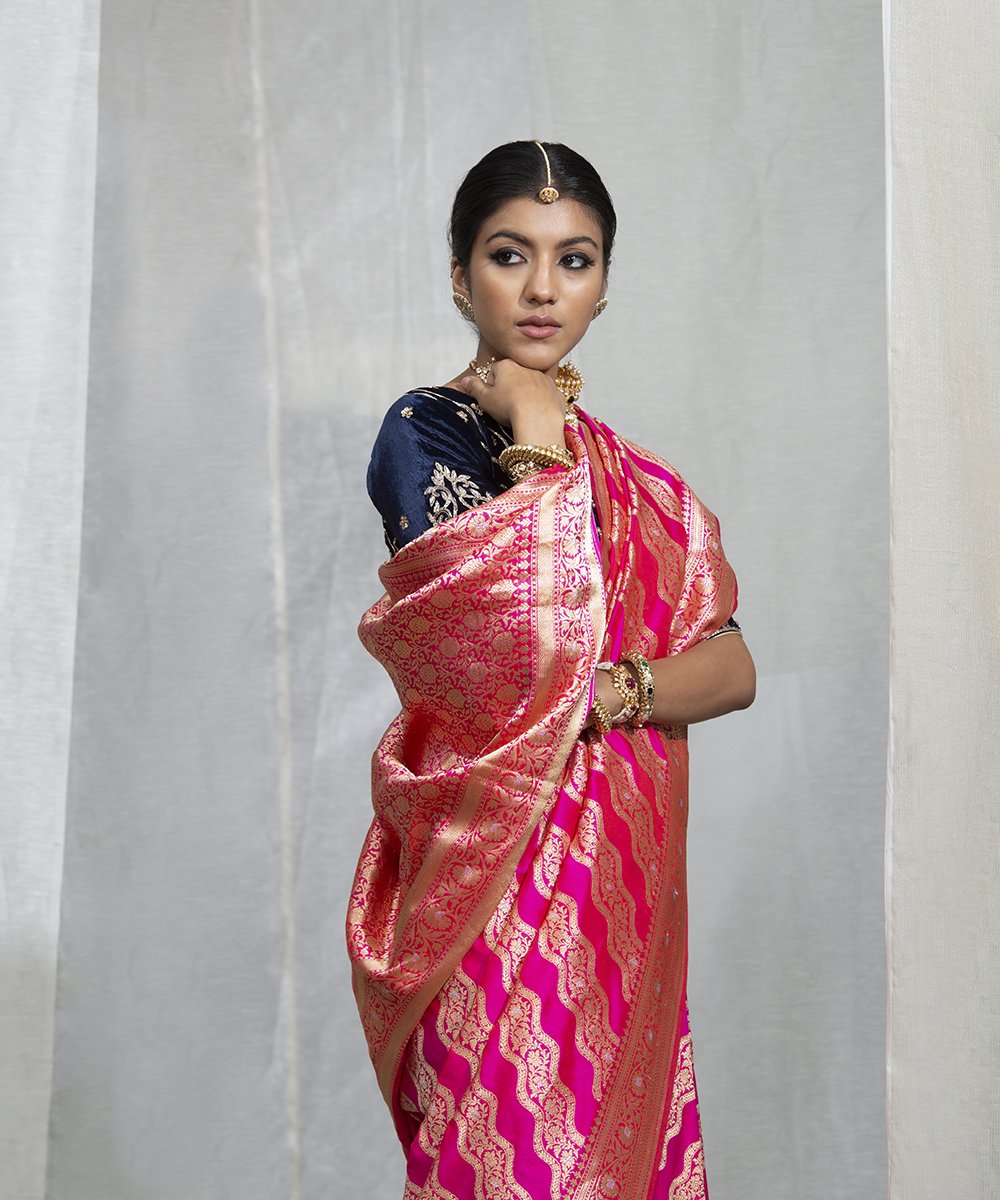Hot_Pink_Handloom_Katan_Silk_Banarasi_Aada_Jangla_Saree_WeaverStory_01