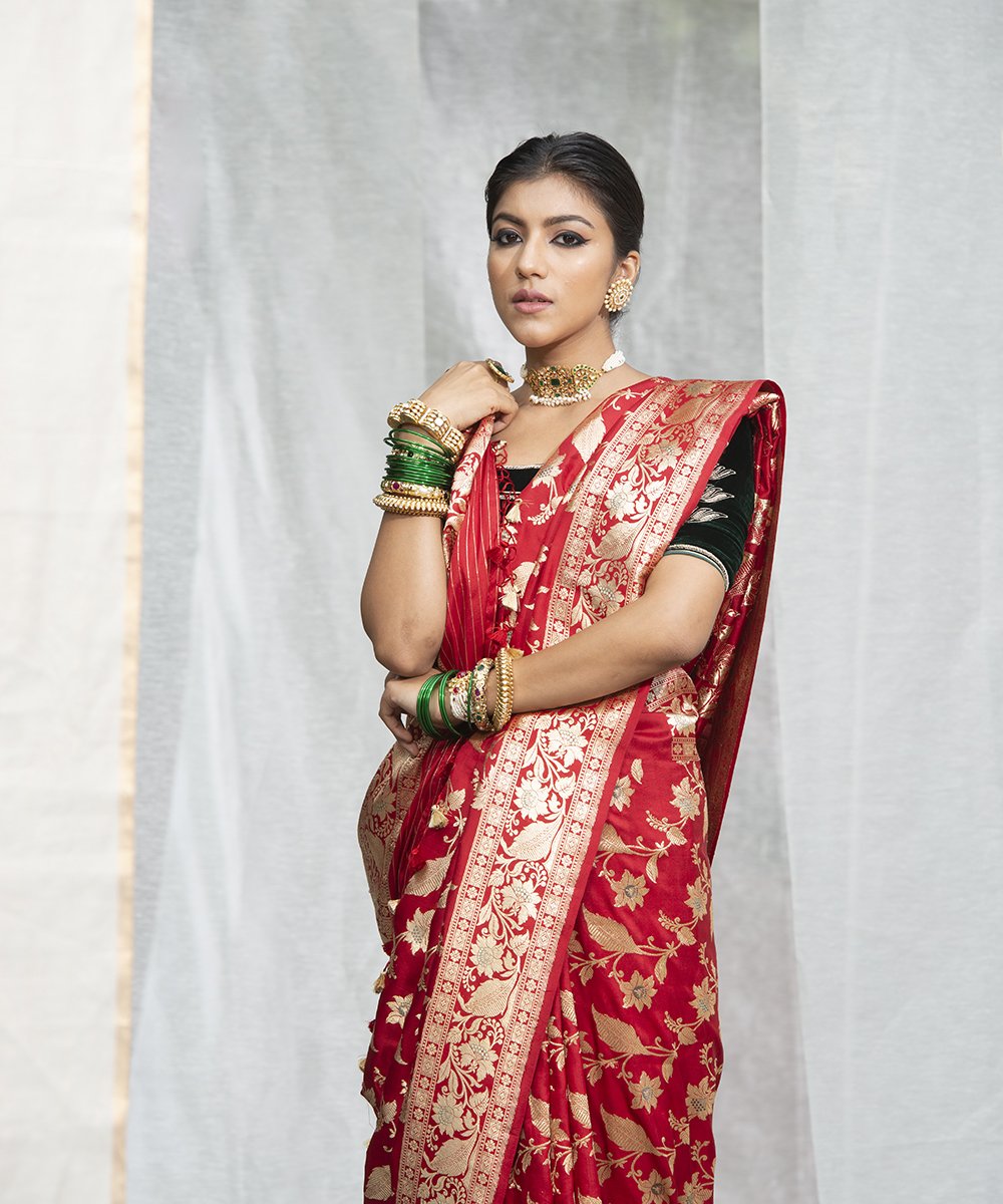 Red_Pure_Katan_Silk_Handwoven_Banarasi_Jangla_with_Meenakari_WeaverStory_01