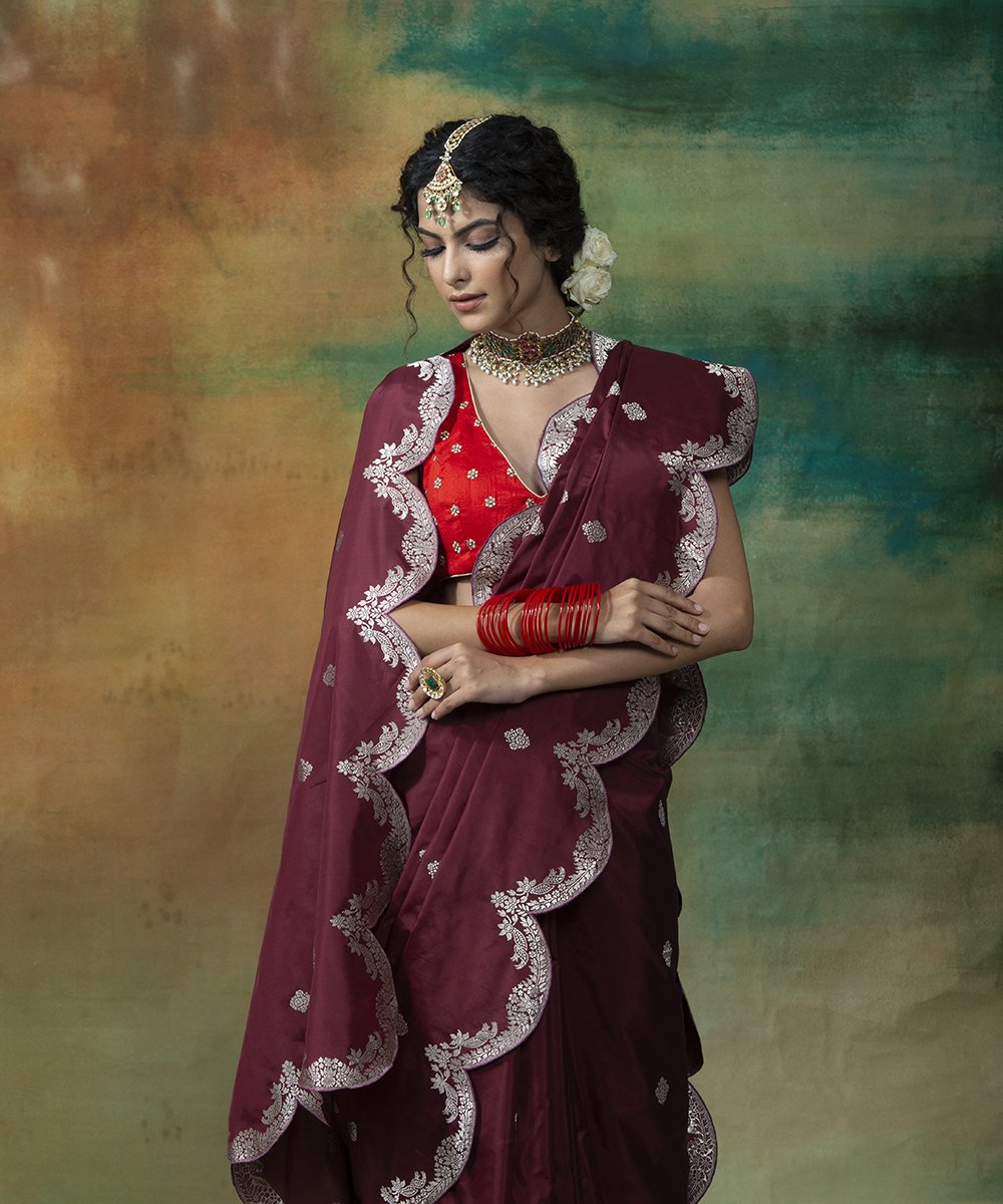 Wine_Handloom_Katan_Silk_Scallop_Border_Banarasi_Saree_With_Silver_Zari_WeaverStory_01