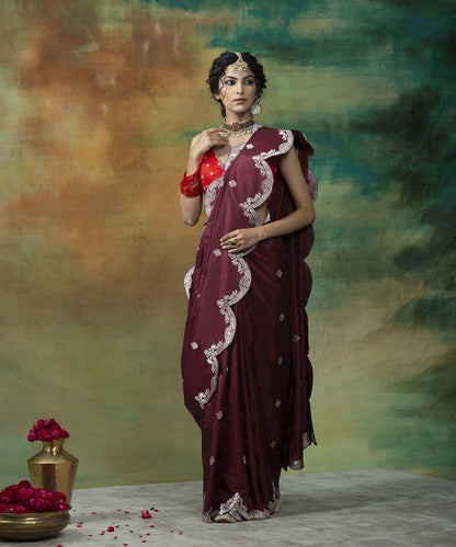 Wine_Handloom_Katan_Silk_Scallop_Border_Banarasi_Saree_With_Silver_Zari_WeaverStory_02