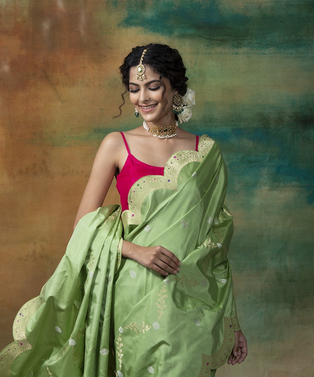 Pista Green Golden Weaving Banarasi Silk Wedding Wear Saree