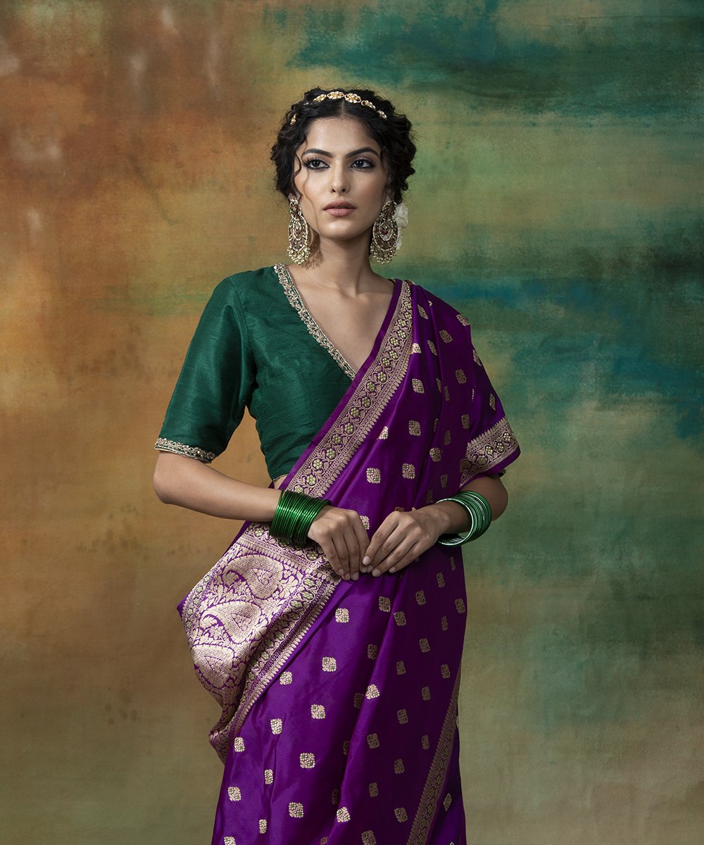 Dark Purple With Green Border Silk Traditional Saree – paanericlothing