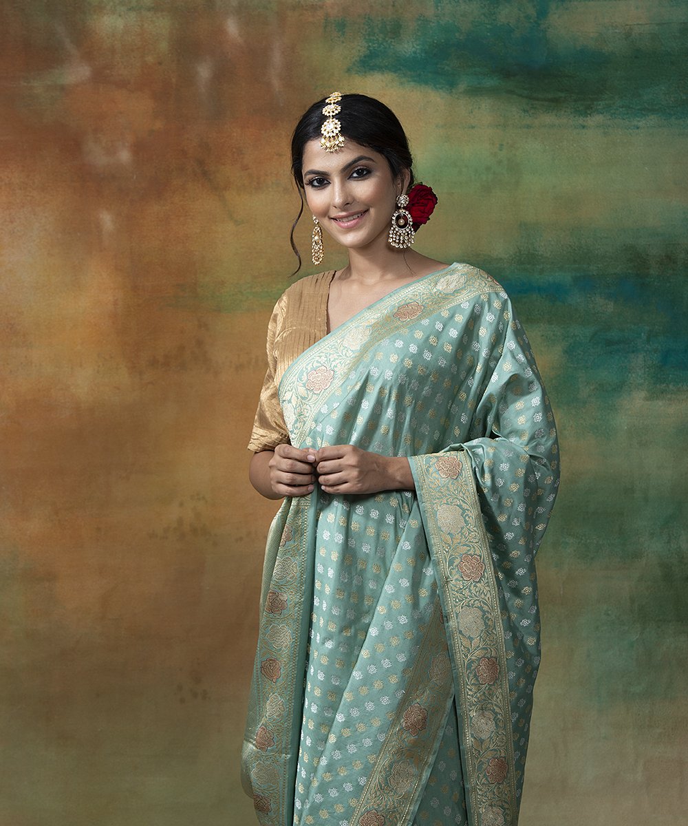 Light_Green_Handloom_Kadhwa_Banarasi_Saree_With_Gold_And_Silver_Booti_WeaverStory_01