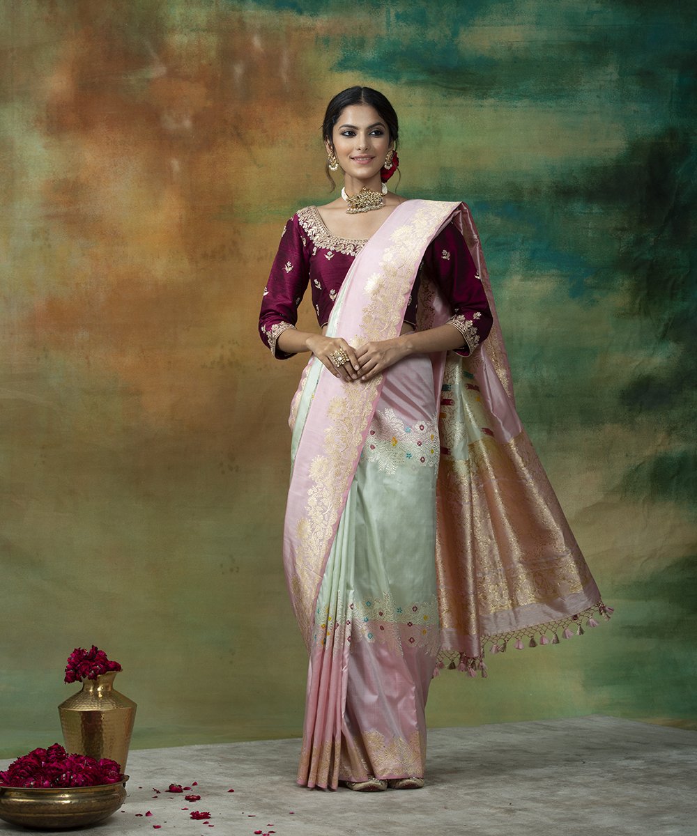 Handloom_Soft_Green_And_Pink_Plain_Banarasi_Saree_With_Meenakari_In_Centre_WeaverStory_02