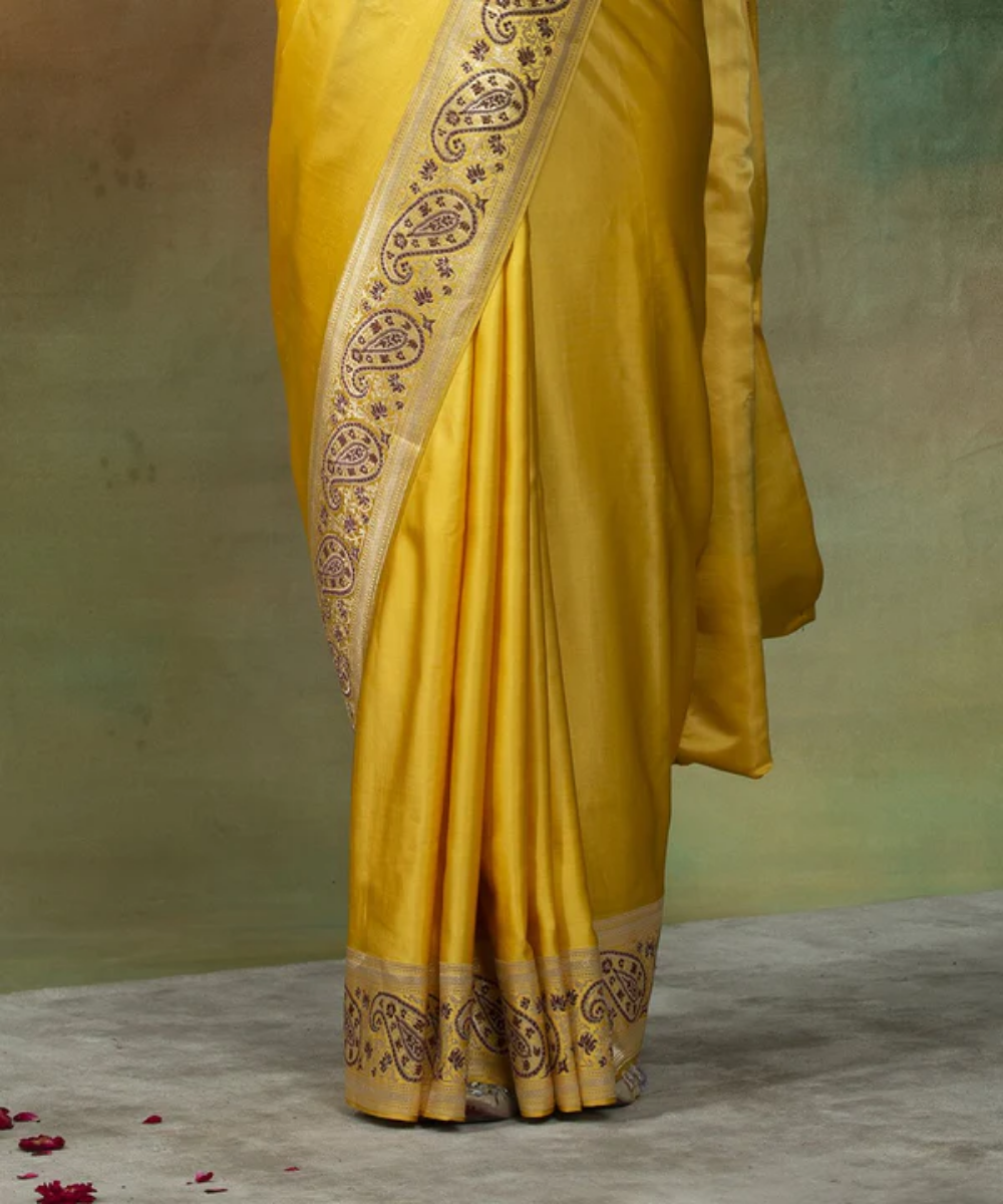 Yellow Handloom Pure Satin Banarasi Saree With Jamawar Border