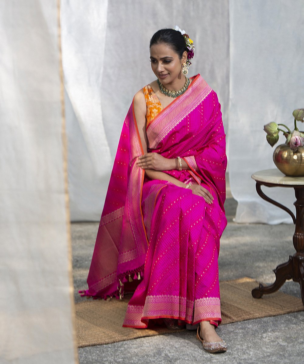 Pink_Handloom_Pure_Katan_Silk_Banarasi_Saree_With_Embossed_Weave_WeaverStory_01