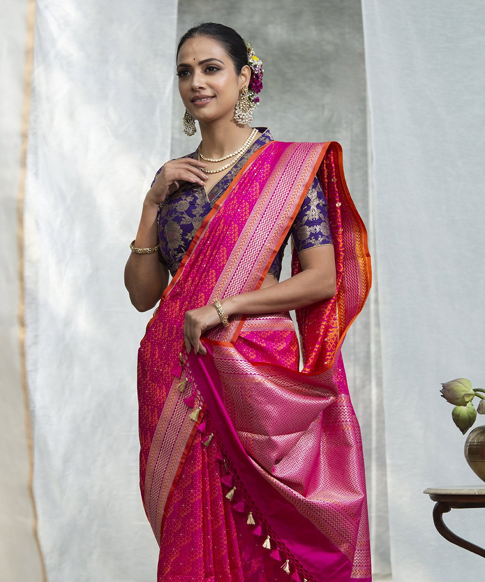 Handloom_Rani_Pink_Pure_Silk_Banarasi_Saree_with_Rust_Embossed_Weave_WeaverStory_01