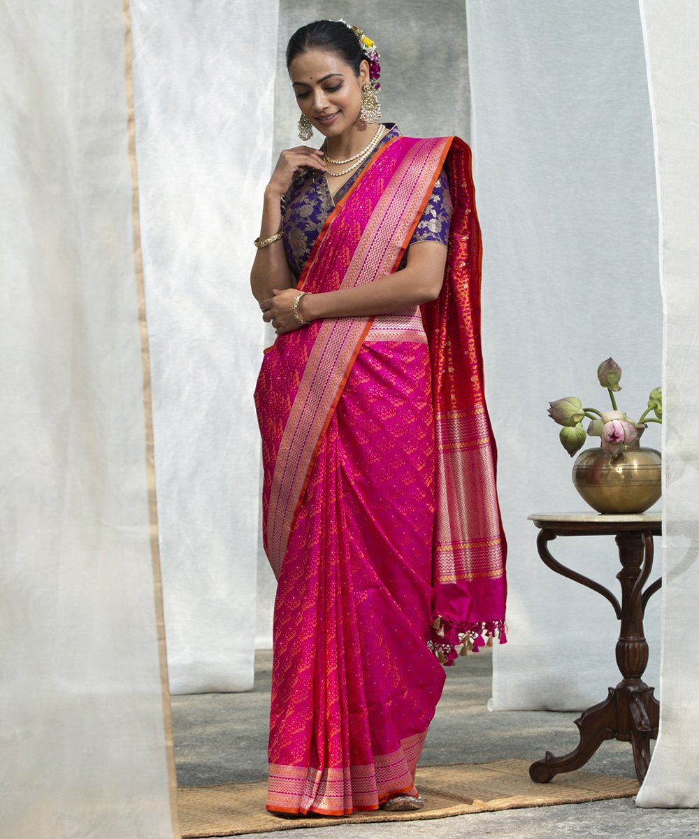 Handloom_Rani_Pink_Pure_Silk_Banarasi_Saree_with_Rust_Embossed_Weave_WeaverStory_02