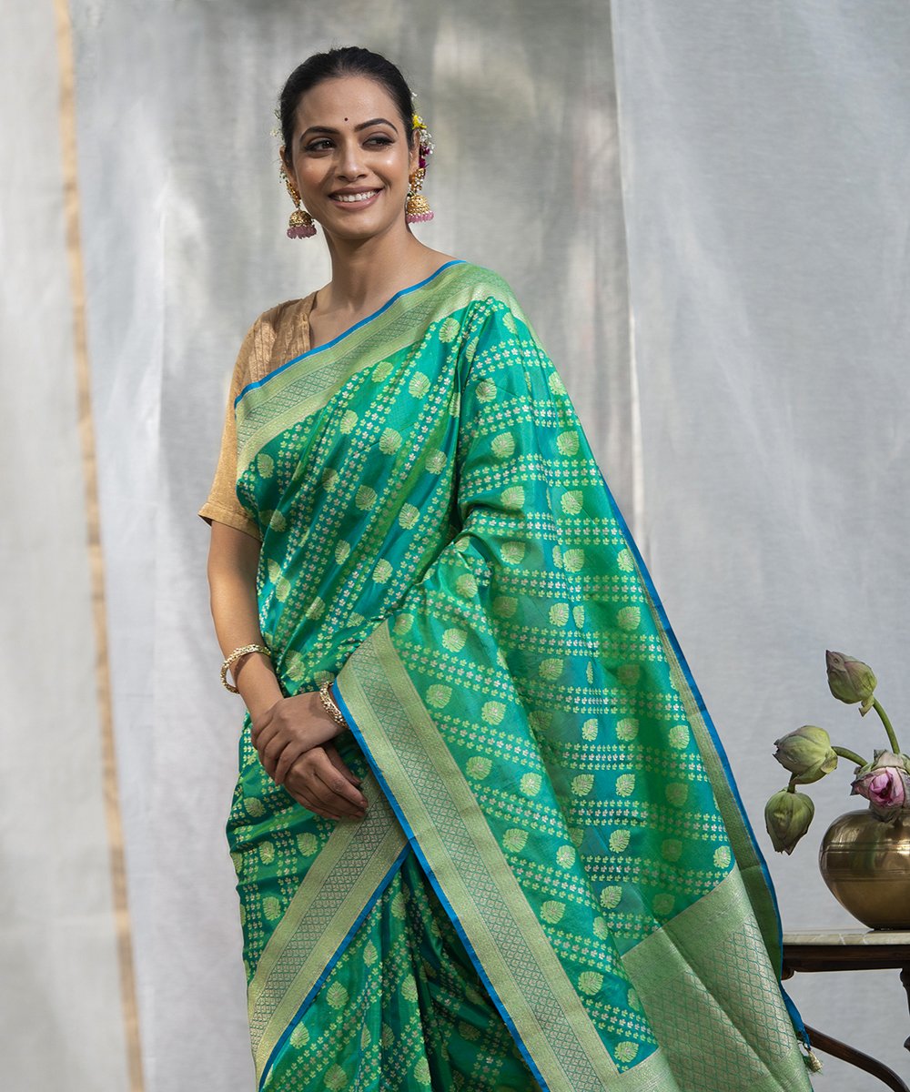 Green_Handloom_Pure_Katan_Silk_Banarasi_Saree_with_Embossed_Weave_WeaverStory_01