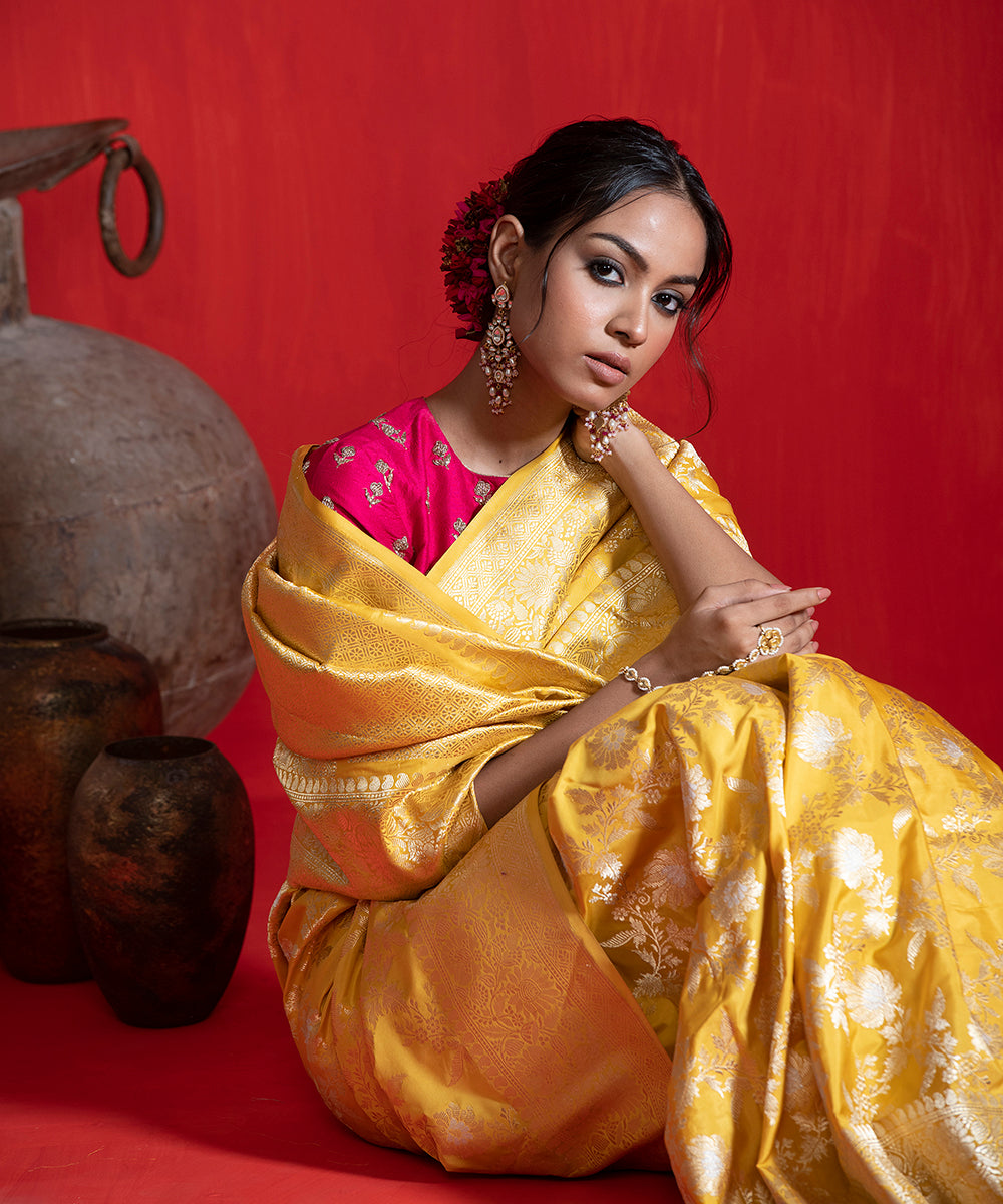 Handloom Yellow Pure Katan Silk Banarasi Saree With Sona Rupa Kadhwa J ...