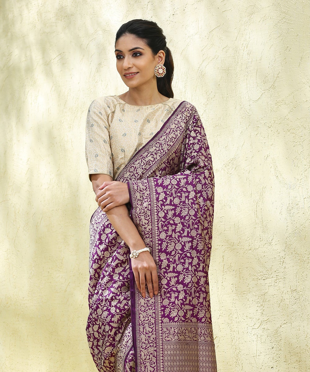 Handloom_Purple_Pure_Katan_Silk_Kimkhab_Shikargah_Banarasi_Saree_with_Reshmi_Zari_WeaverStory_01